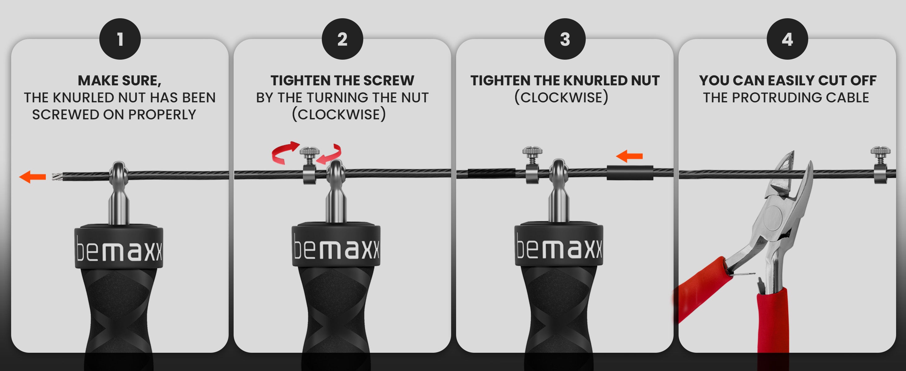 Four-step bemaxx jump rope setup guide: thread cable, tighten screw clamps, position spacers, trim excess cable