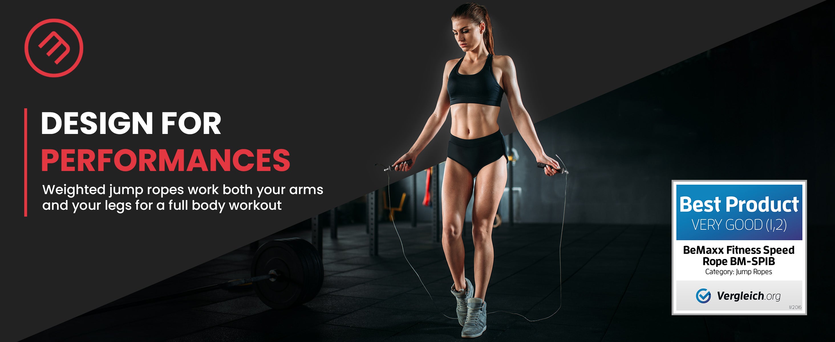 Athletic woman using bemaxx jump rope in gym setting, featuring Best Product award for jump ropes