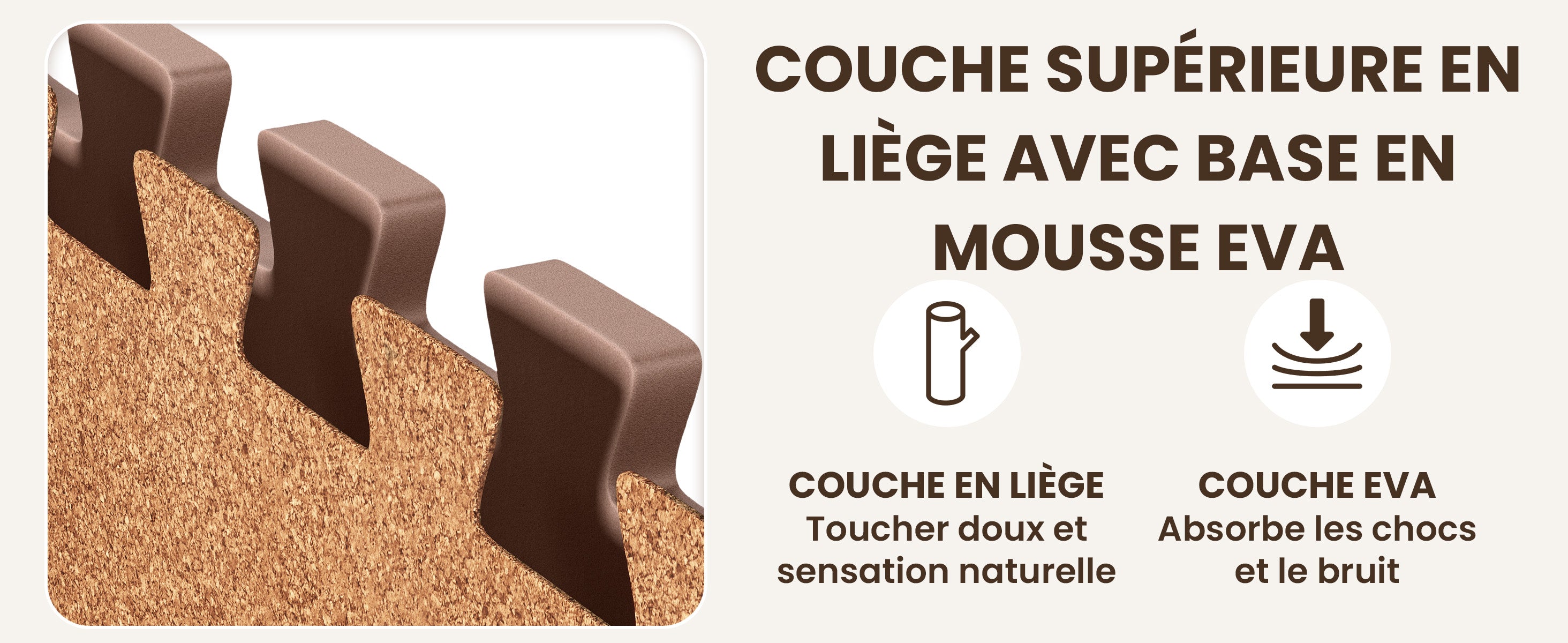Tapis bemaxx avec couche de liège et base en mousse EVA – toucher naturel et excellente absorption.