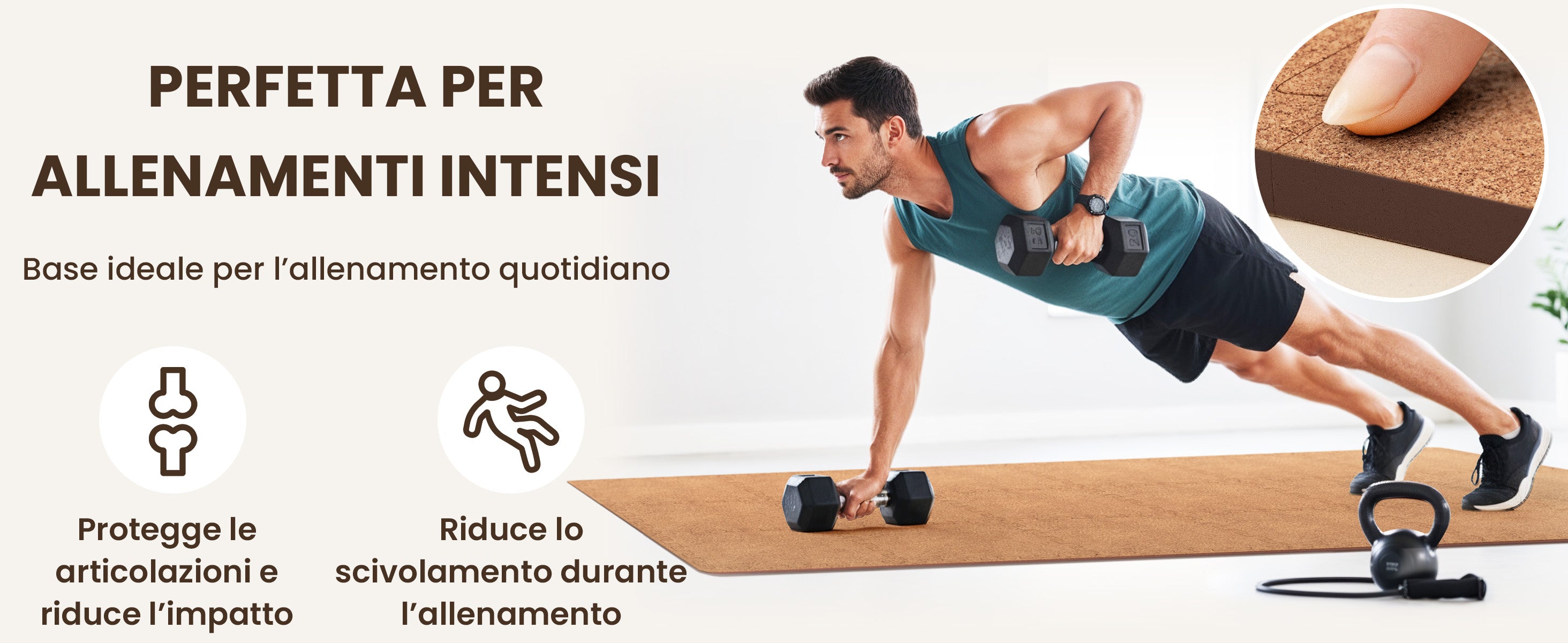 Tappetino fitness in sughero bemaxx per allenamenti intensi – protegge le articolazioni e antiscivolo.